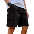 thumbnail image 2 of Cargo Shorts For Men Drawstring Elastic Waist Shorts Lightweight Plain Color Knee Length Pants With Multi Side Pockets Black 2XL, 2 of 7
