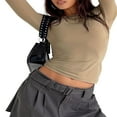 thumbnail image 3 of Femmes Manches Longues T-Shirt Col Rond Mince Crop Top Causal Solide Y2k Pull-Over Top, 3 of 6
