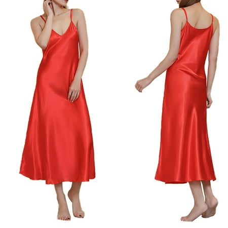 HCURIBAD Silk Nightgown for Women Satin Nightgowns Women s Nightgown Dress Sleepwear Sexy V Neck Negligee Lingerie Long Nightwear 2024 New (Clearance) Women s Sleepwear Summer Nightgowns Red M
