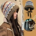 thumbnail image 5 of Fair Isle Beanie Hats for Women Men,Y2k Knit Beanie Hat with Tie-Up,Windproof Ear Flaps Crochet Trapper,Outdoor Wear, 5 of 9
