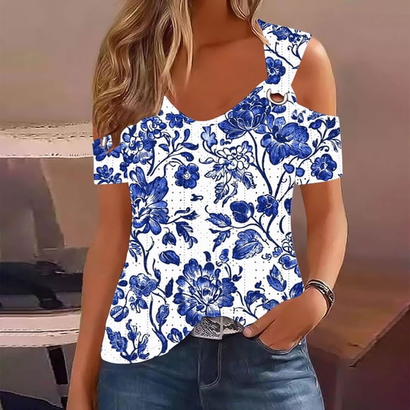 Uootdi T Shirts for Women Short Sleeve Cold Shoulder Floral Print Metal Ring Decor Stretchy Going Out Shirts Gift