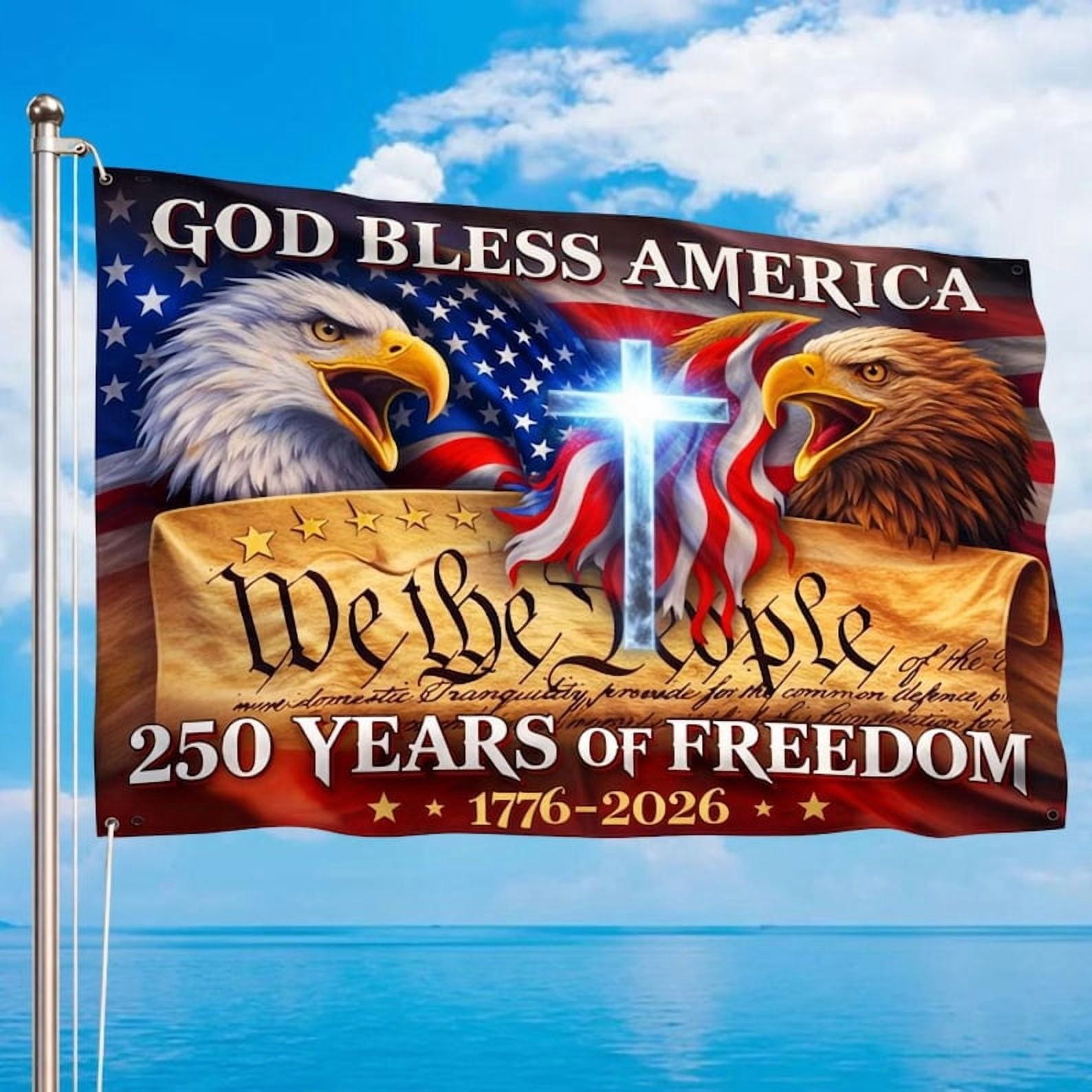 250 Years God Bless America 3x5ft Flag 1776–2026, USA 250th Anniversary Patriotic Banner, Commemorative Semiquincentennial Outdoor Decor, Single-Sided