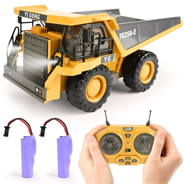 Kidsfaves Control Remoto Camión Volquete Juguetes 9 Canales 2 Baterías Rc Vehículos De Juguete De Construcción con Cama De Metal Luces/Sonidos Regalos De Cumpleaños para Niños Mayores De 3 Años