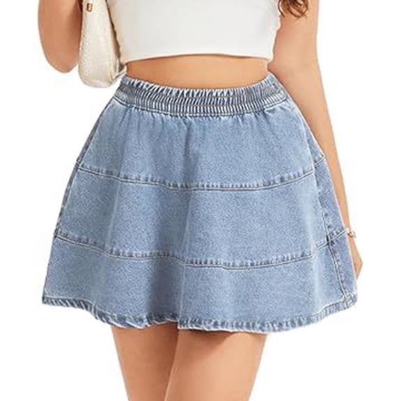 Women's Denim Mini Skirt Casual Summer A Line Flared Tiered Jean Skirts with Pockets, S