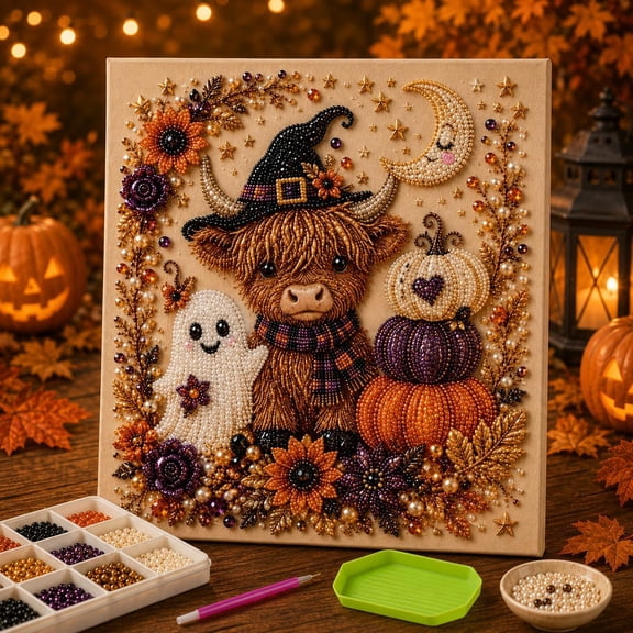 Halloween Ghost Pearl Art DIY Kit, Spooky Cute 3D Diamond Painting Crafts for Adults, DIY Fall Home Decor Wall Art, Beginner DIY Seasonal Party Gift (Highland Cattle)