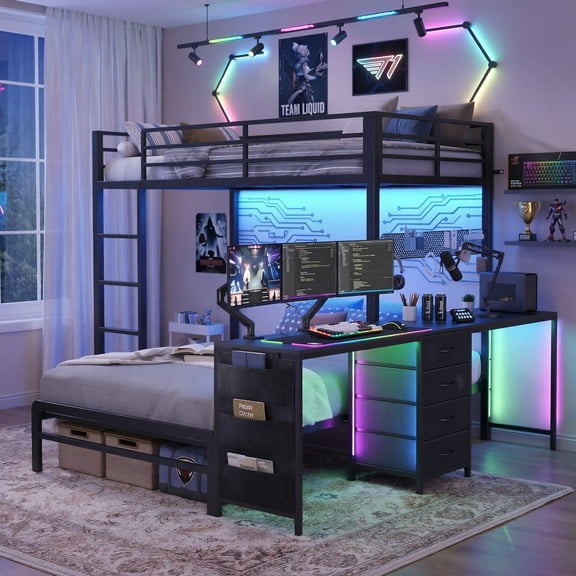 Afhokles Bunk Bed Twin Over Twin with 4 Drawers and Charging Station, Long Desk, Black