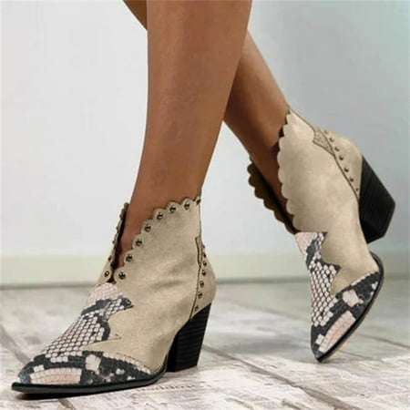 

Foraging dimple Martins Boots Fashion Roman Thick Heel Pointed Flanging Women s Shoes Beige