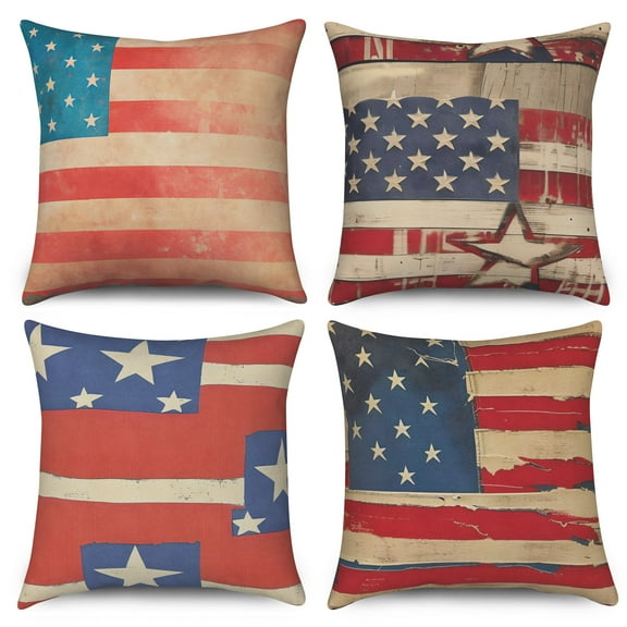 PBOBRIICH Set of 4 4th of July Throw Pillow Cases,America National Flag Linen Pillow Cover for Bedroom Home Decor,18x18