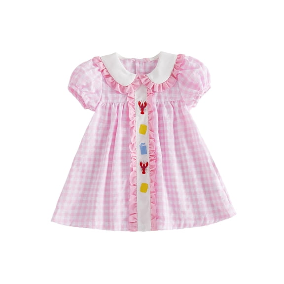 BemeyourBBs Toddler Baby Girl Crawfish Dress Outfit Cute Lobster Embroidered Plaid Gingham Bubble Dress Short Sleeve Doll Collar Princess Dress Summer Clothes Party Casual Dress