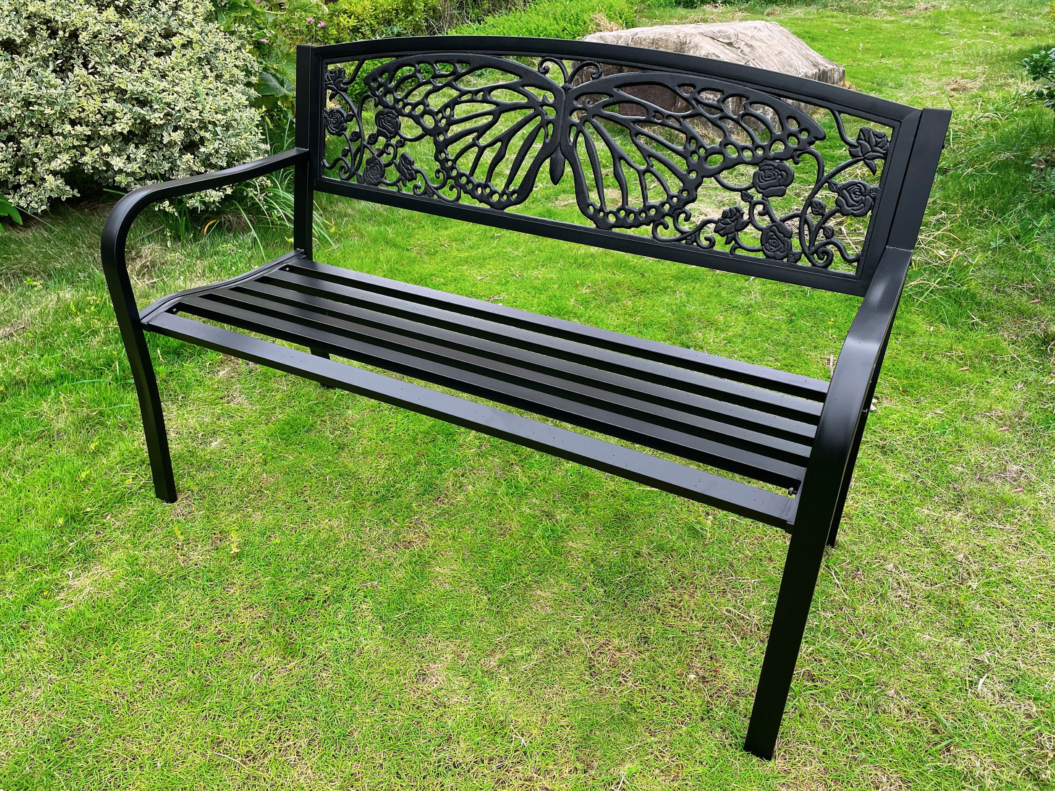 50" Outdoor Metal Garden Bench with Butterfly Backrest Design - Black