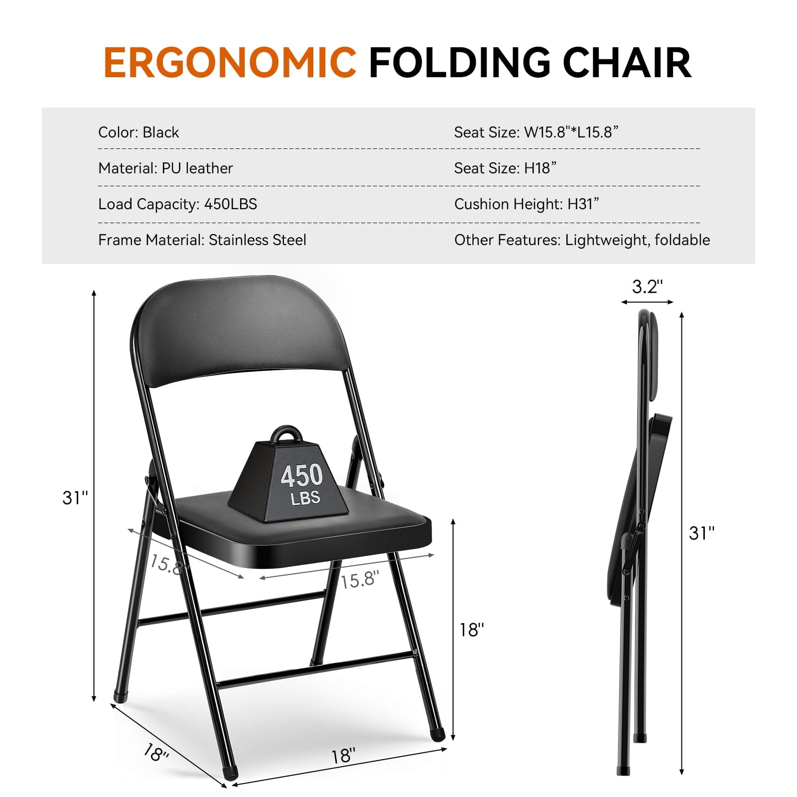 Furnibear Cushioned Faux Leather Folding Chairs 2 Pack padded metal event chairs and portable folding chairs for home office and parties foldable set, Black