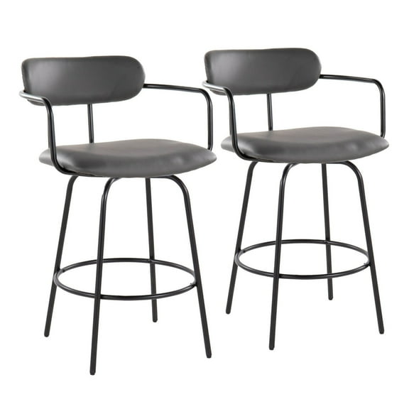 Demi 26" Contemporary Fixed-Height Counter Stool With Swivel In Black Metal And Grey Faux Leather With Round Black Metal