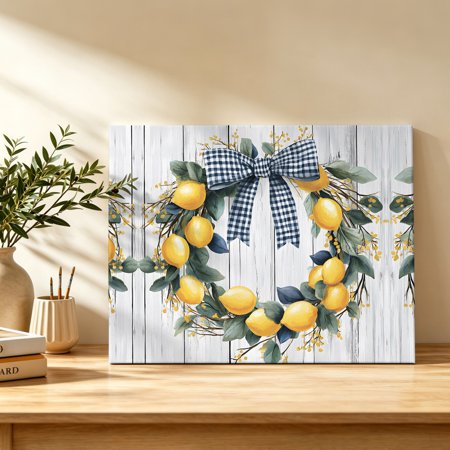 Farmhouse Style Canvas Wall Art Lemon Garland Bow Wood Grain Wall Art Prints Artwork Framed Canvas Ready to Hang Art Pictures for Study Living Dining Room Bedroom 20 x 16