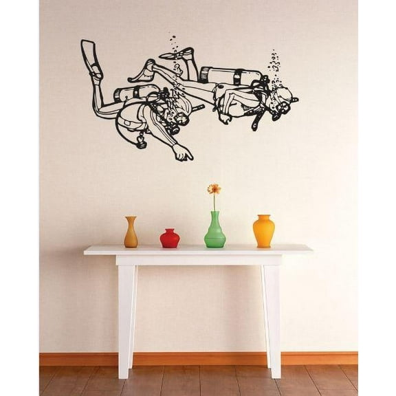 Vinyl Wall Decal Sticker : Scuba Divers Image Bedroom Bathroom Living Room Picture Art Peel & Stick Mural Size: 12 Inches X 18 Inches - 22 Colors Available