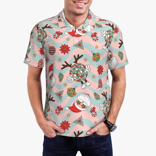 Fotbe Groovy Retro Santa Camiseta Polo de Golf para Hombre con Estampado – Camisa Deportiva Transpirable con Cuello Abotonado-Large