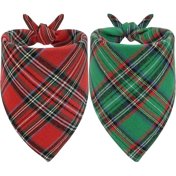 Dog Christmas Bandana, 2 Pack Classic Plaid Triangle Dog Scarf for Small Dogs and Large Cats, Holiday Dog Christmas Costume for Festive Photo Prop, Party Decor ( Green&Red)