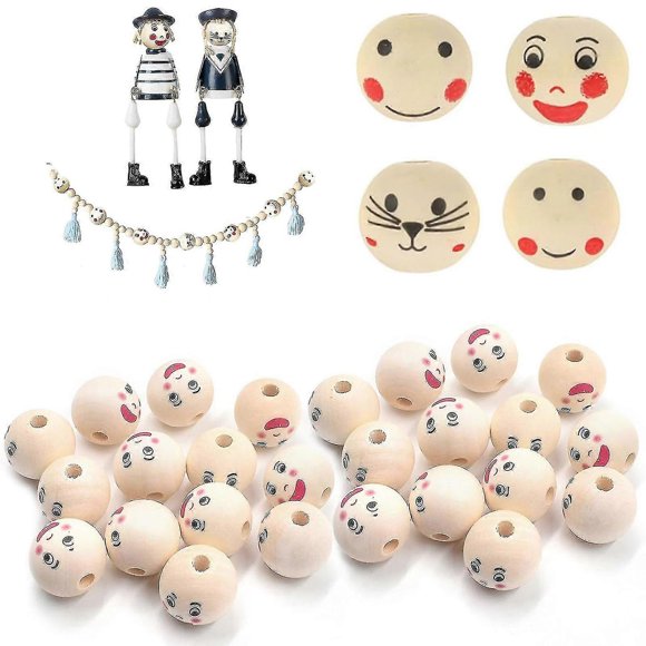 120pcs Wooden Beads With Face, Wooden Beads, Natural Wooden Balls With Hole xi