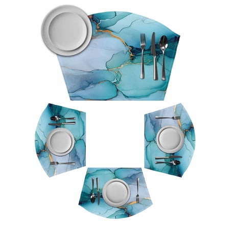 Teal Blue Marble Round Placemats Set of 2, Modern Abstract Art Marble Crack Placemats for Round Dining Table Shape Wedge Placemats for Outdoor Indoor Wipeable Clean Table Place Mats