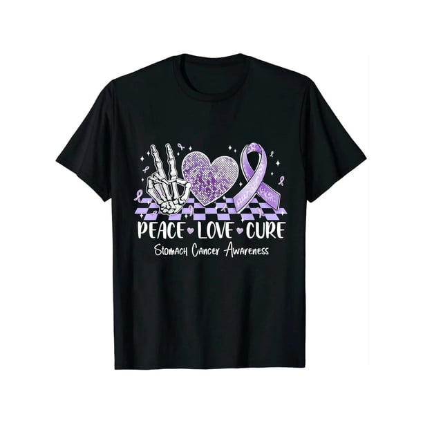 Womens Peace Love Cure Periwinkle Ribbon Stomach Cancer T-Shirt Black Casual Crew Neck, Cotton, All-Season Wear, Relaxation Wear | Serene Design | Comfortable Fit