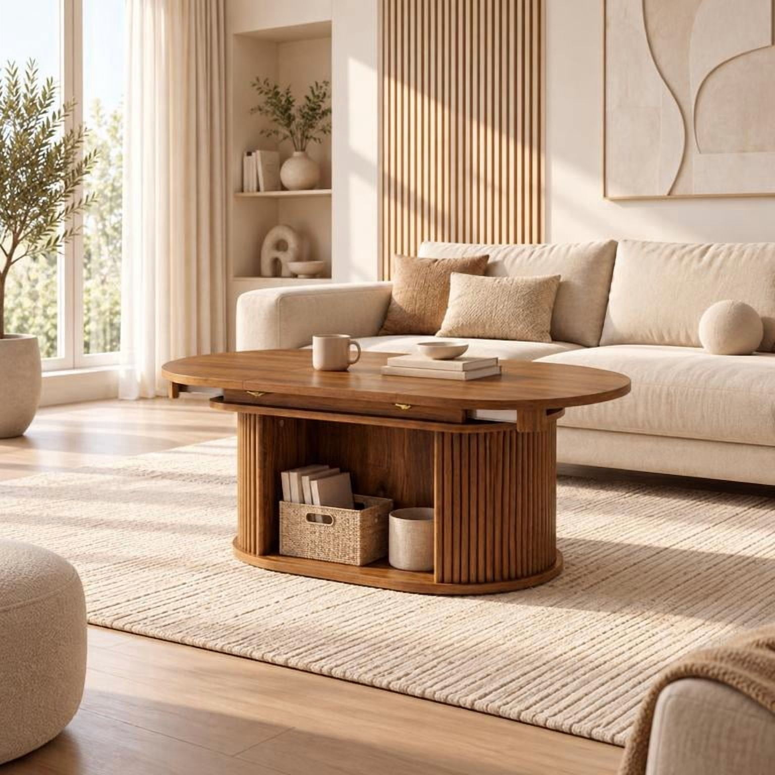 Lacoo Extendable Oval Coffee Table with Storage, Fluted Base with Cubby for Living Room, Den, Brown