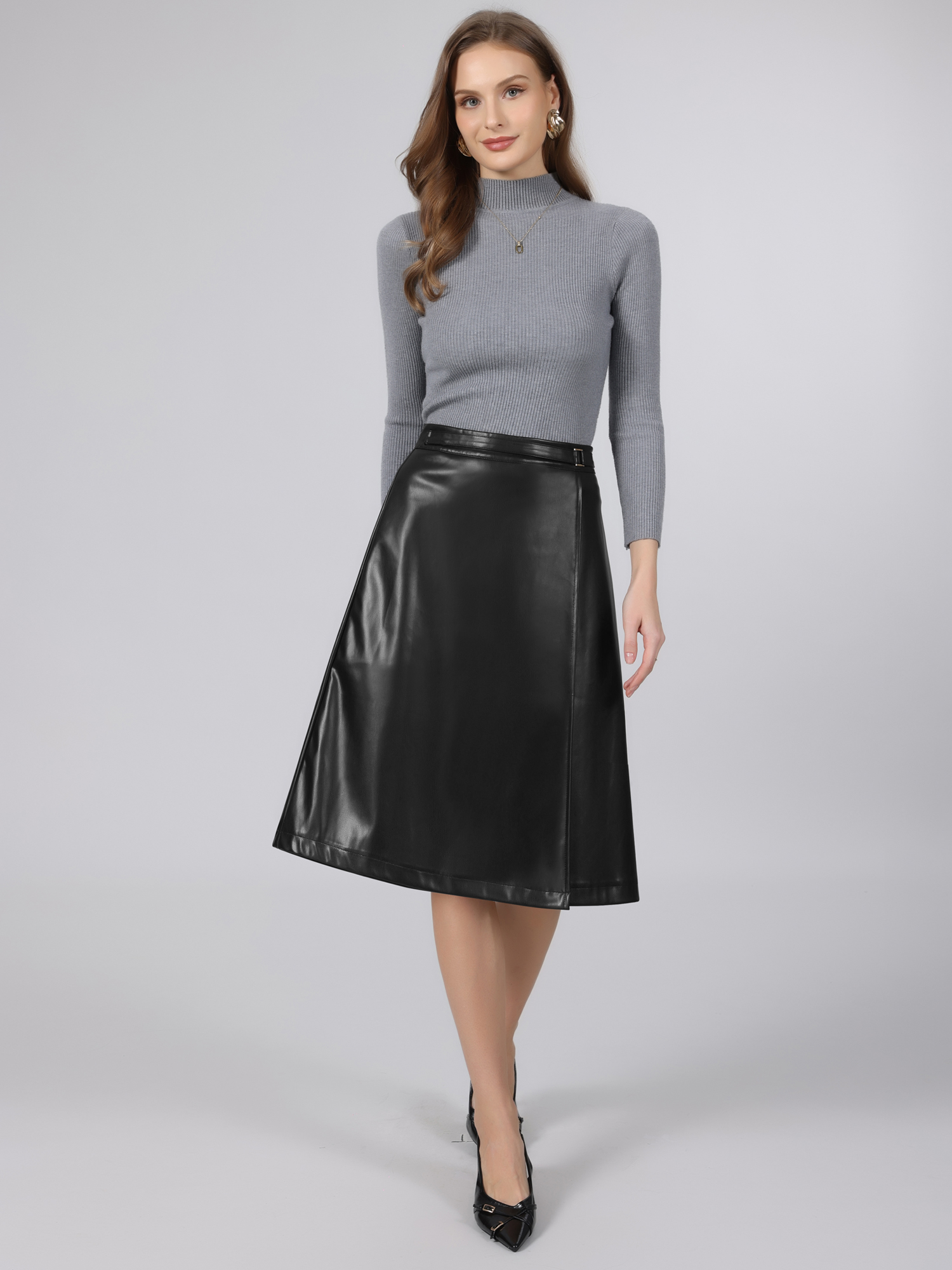 DARING DIVA Women's Faux Leather Skirt High Faux Wrap PU A-Line Skirts L Black