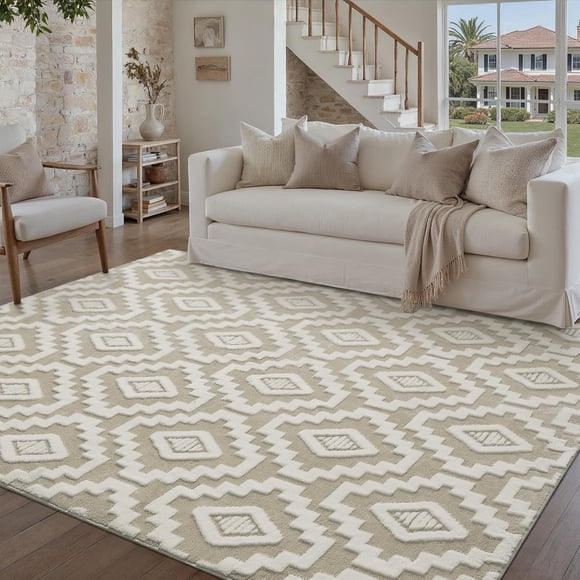 Beige Washable Shag Area Rug 5x8 for Living Room Checkered Neutral Tapis Salon Soft Non Shedding Plush Pile Throw Rug Non Slip Durable Boho Carpet for Bedroom Office Dining Room Playroom