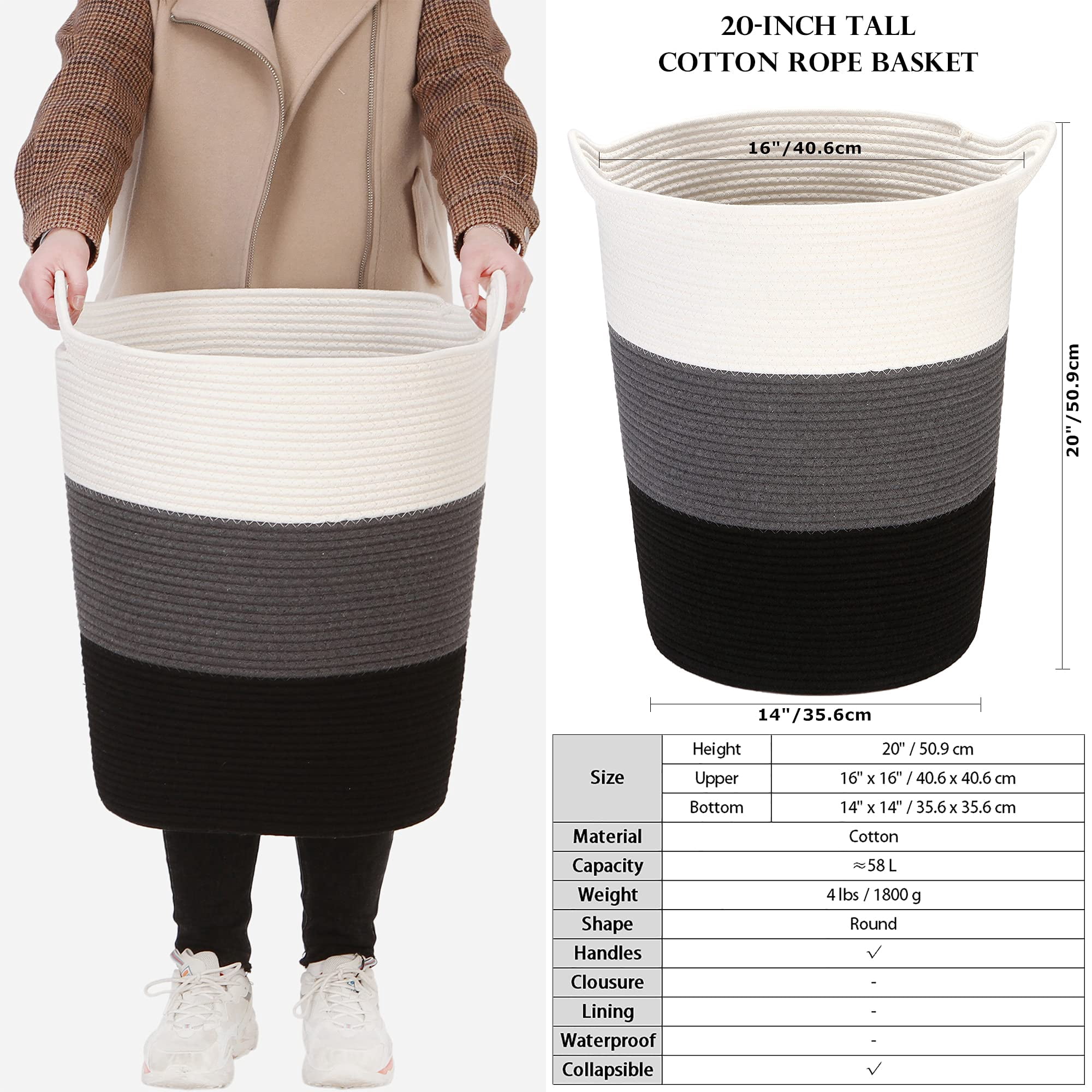 Sea Team Large Size Cotton Rope Woven Storage Basket Laundry Hamper with Handles, 14 x 20 inches, White & Black