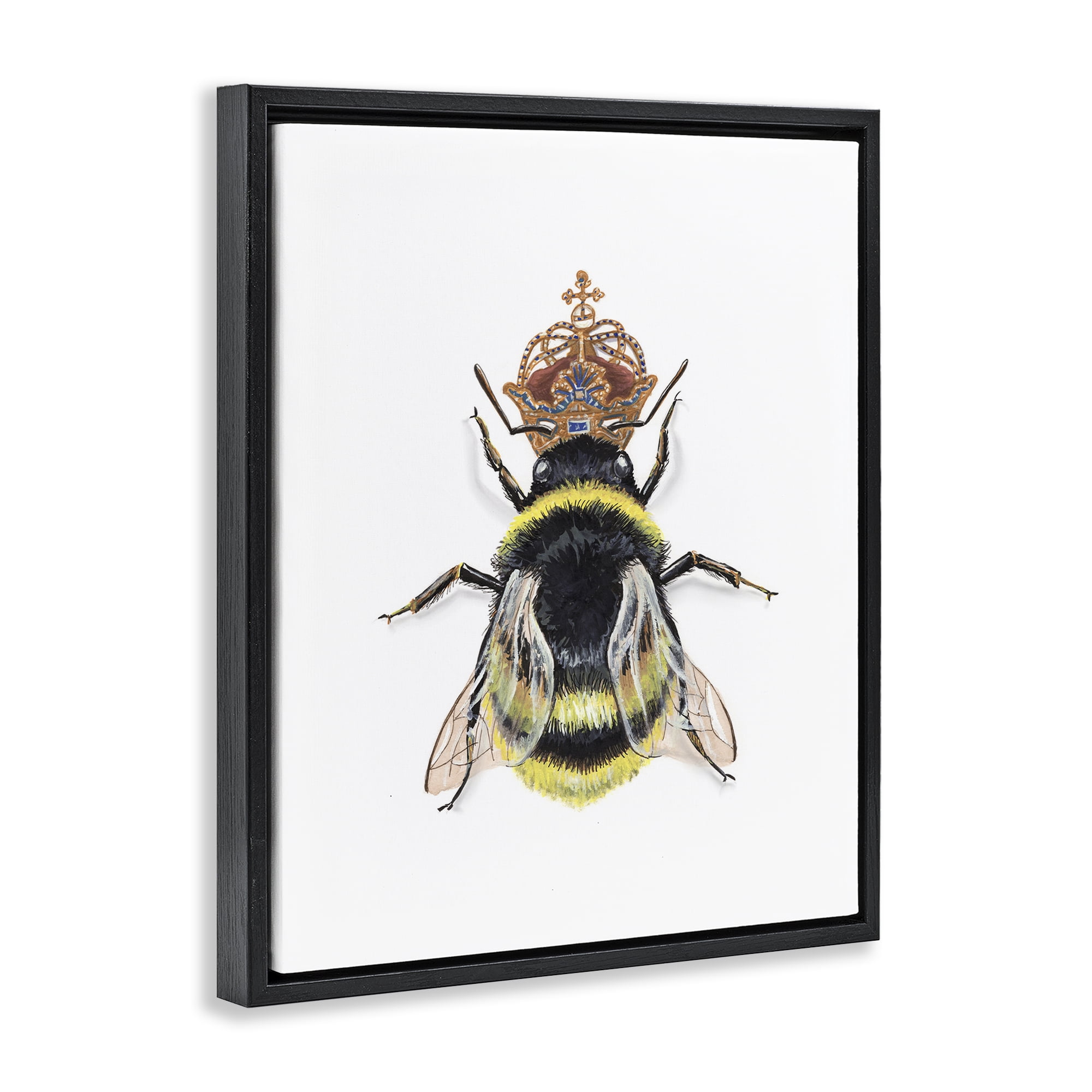 Stupell Industries Queen Bee with Crown Animals & Insects Painting Black Floater Framed Canvas Art Print Wall Art, 17 x 21
