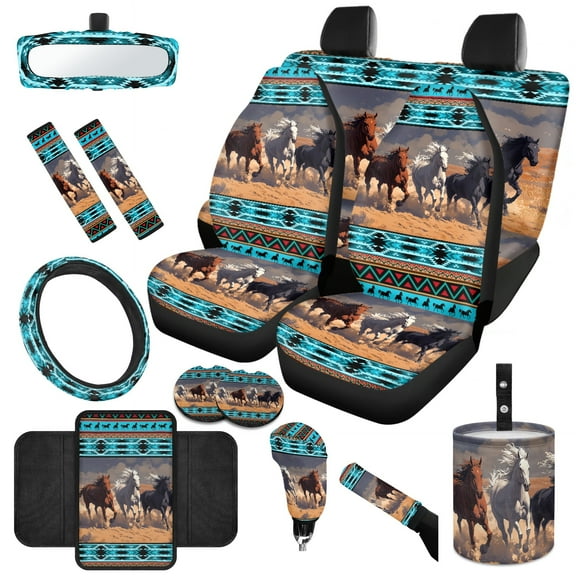 Jeiento Aztec Horse 14 PCS Car Seat Cover Full Set, with Steering Wheel Cover Seat Belt Covers Trash Can Rear View Mirror Cover Center Console Cover Coasters Handbrake Cover Set Car Accessories