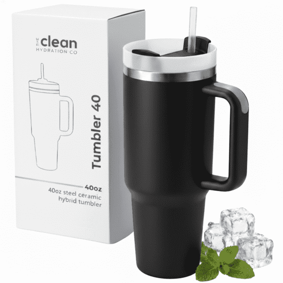 THE CLEAN HYDRATION CO Ceramic-Coated Insulated Tumbler, 40 oz, Vacuum Insulated, Spill-Resistant Lid, Black