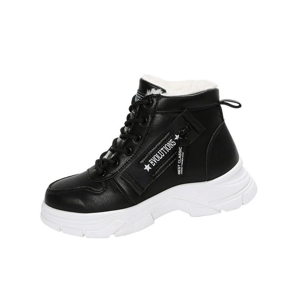 Black Women'S Lace-Up Round Toe Snow Boots With Side Zipper Low Heel Fashion Casual Fall Winter Comfortable Warm Walking Shoes Pu Material
