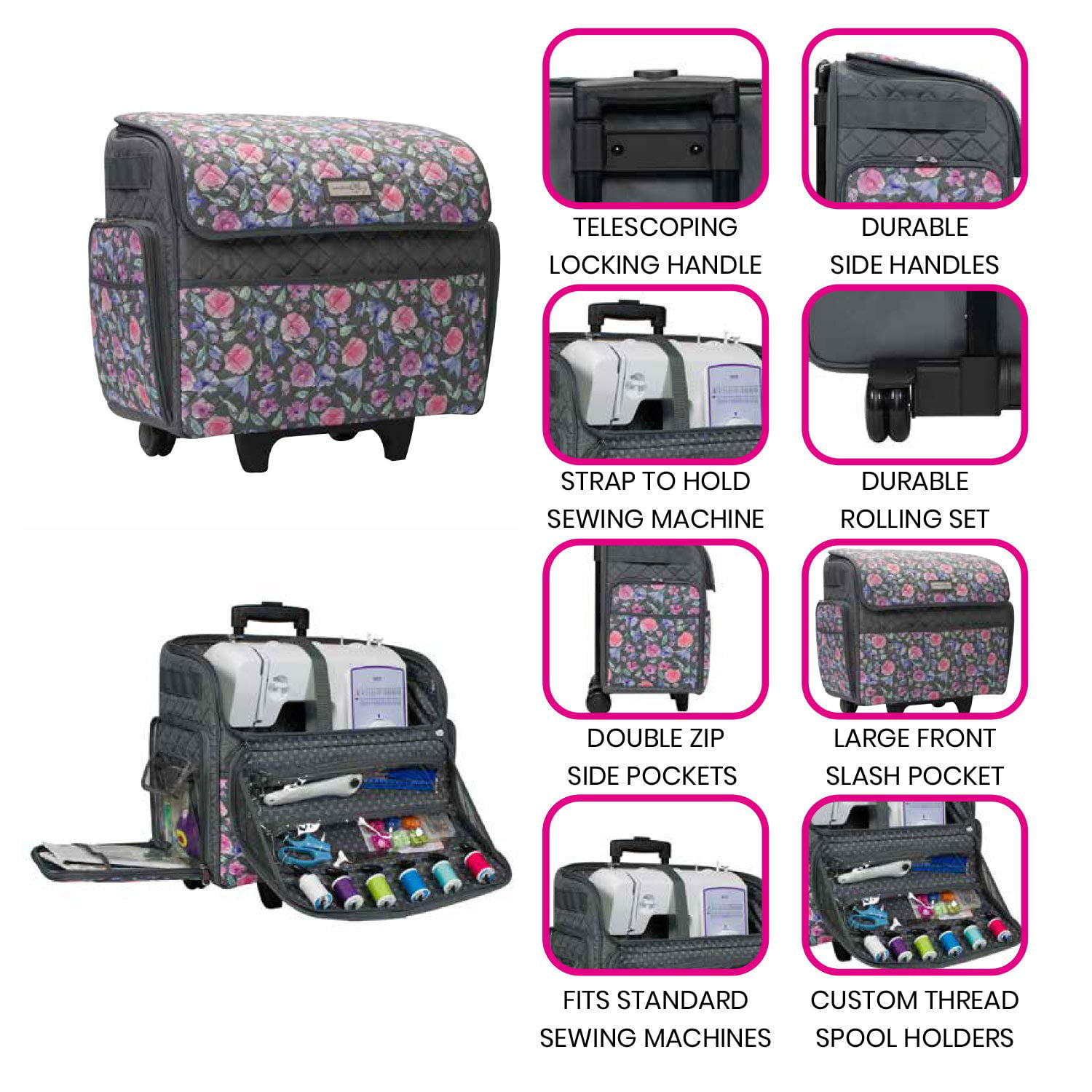 MSR Imports, Inc. Rolling Sewing Machine Tote Bag for Knitting, Stitchery,  Crochet - Pink Paisley