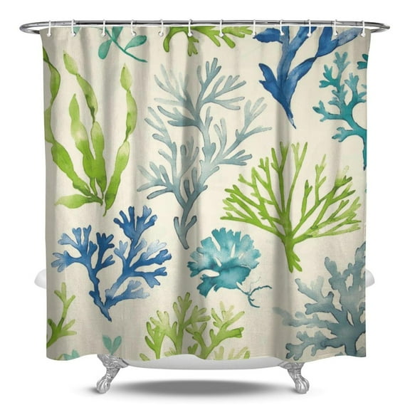 Tropical Shower Curtain Waterproof Fabric with Plastic Hooks Beach Seashell Nautical Shell Starfish Marine Life Sea Coral Fish Pattern Bathroom Shower Curtain Cute Spiral Seashell Design for Rental Ap