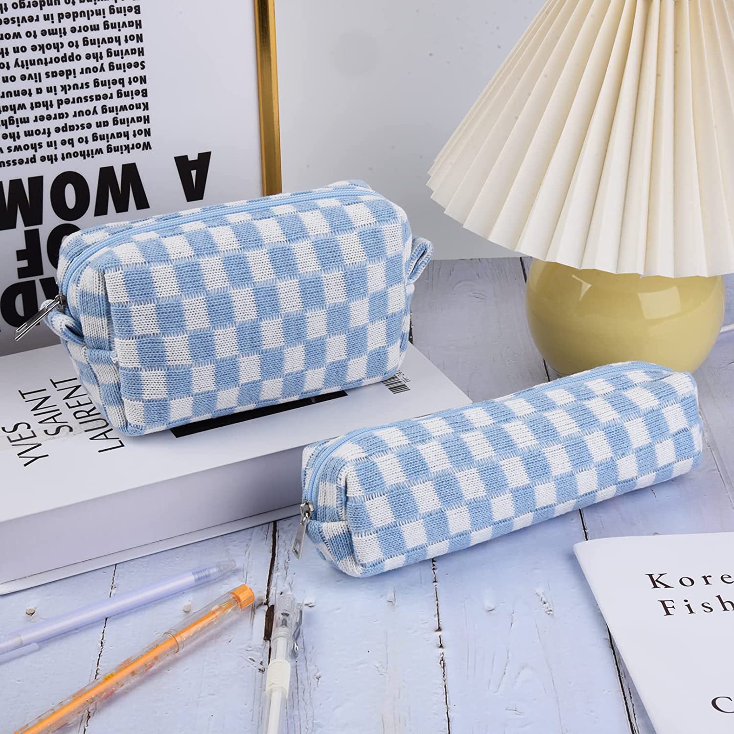 SOIDRAM 2 Pieces Makeup Bag Large Checkered Cosmetic Bag Blue Capacity  Canvas Travel Toiletry Bag Organizer Cute Makeup Brushes Aesthetic  Accessories Storage Bag for Women - Yahoo Shopping