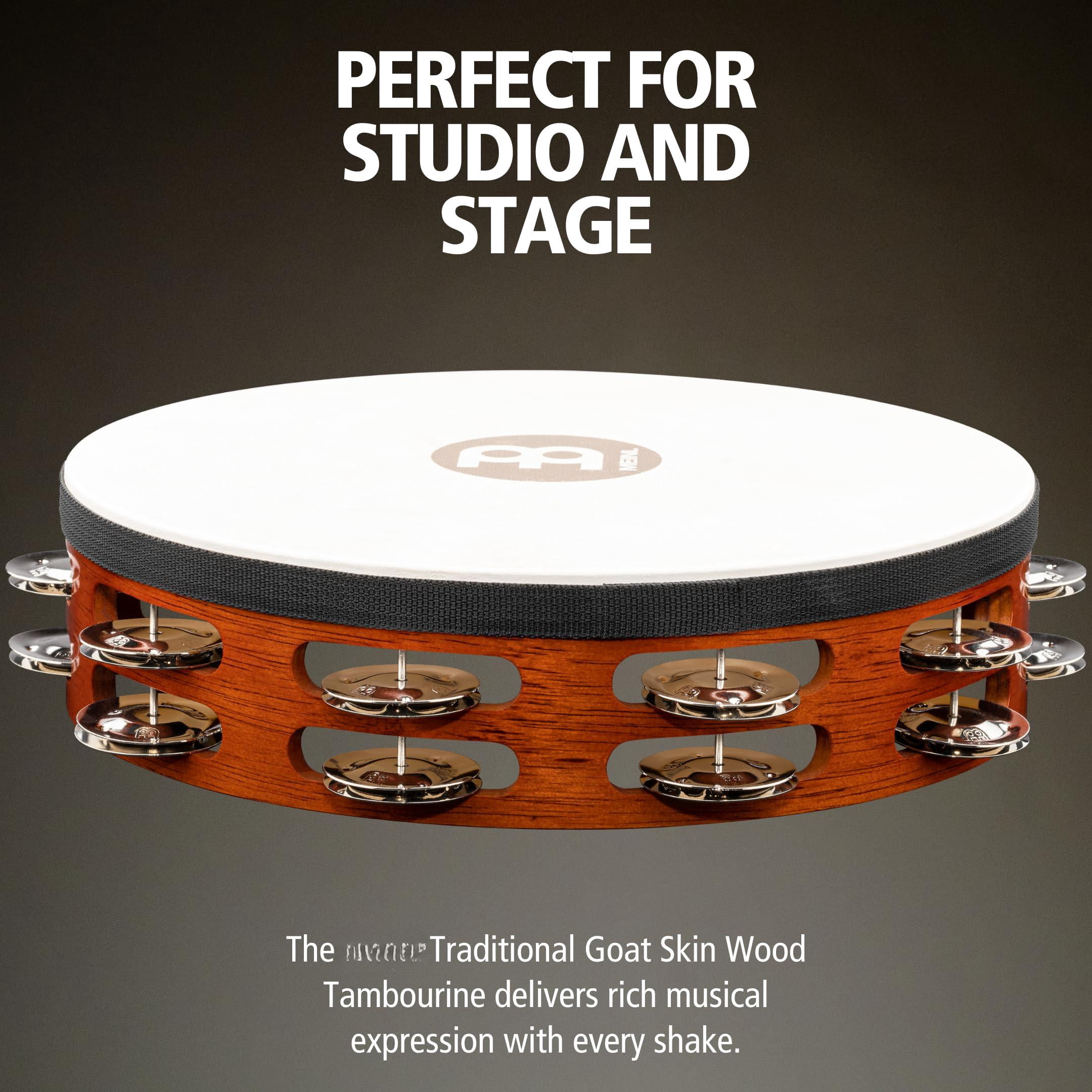 Tah2ab Traditional 10-inch Wood Tambourine With Goat Skin Head And Steel Jingles  2 Row