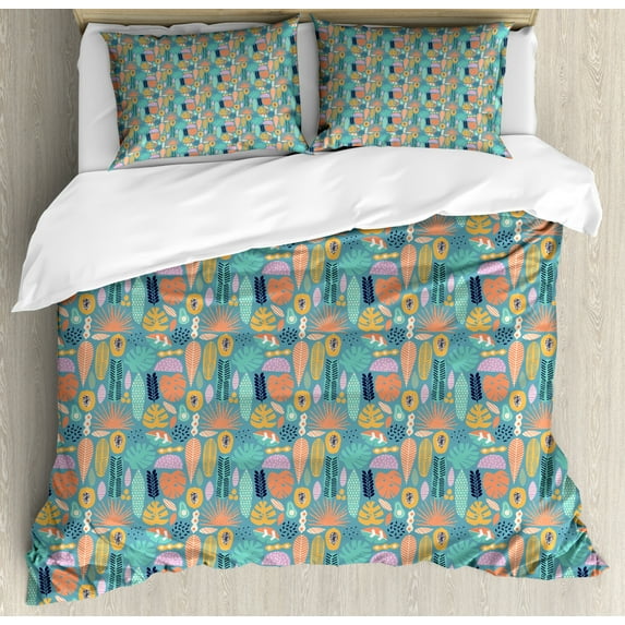 Botanical Duvet Cover Set King Size, Repetitive Colorful Tropical Leaves Exotic Jungle Fruits, Decorative 3 Piece Bedding Set with 2 Pillow Shams, Salmon Cadet Blue, by Ambesonne