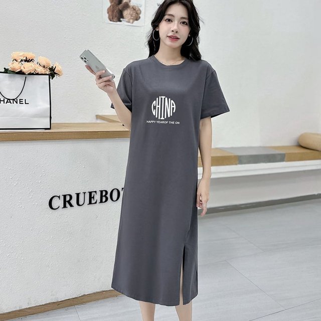 Generic New Women's Clothing Loose Dress Summer Mid-Length Overknee T-shirt Dress 2025 Split Casual Base Dress