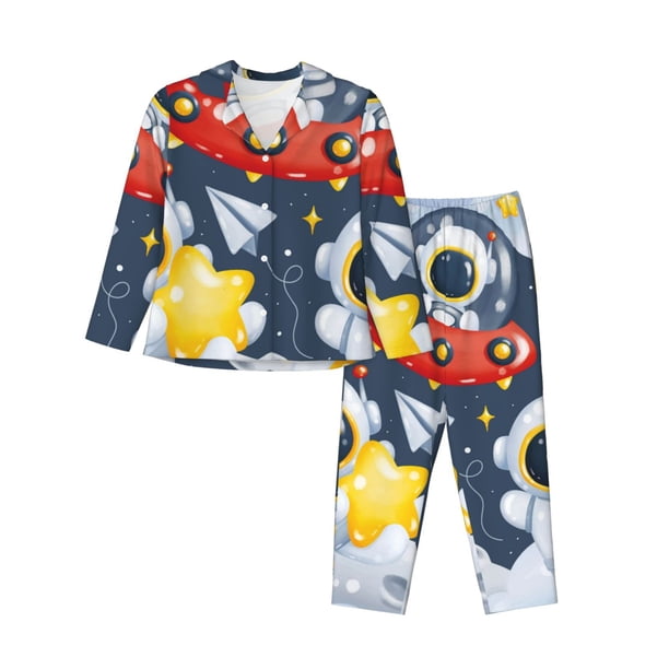 Balery Astronaut And Space Conjunto de Pijama con Estampado para Mujer, Conjunto de Dos Piezas con Manga Larga, Ropa de Dormir Suave con Bolsillos, Pijamas Cómodos-X-Large