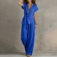 thumbnail image 6 of WRFWUL Women's Cotton Linen 2 Piece Outfits 2026 Cap Sleeve V Neck Belted Crop Tops Wide Leg Pant Sets Casual Tracksuit, 6 of 6