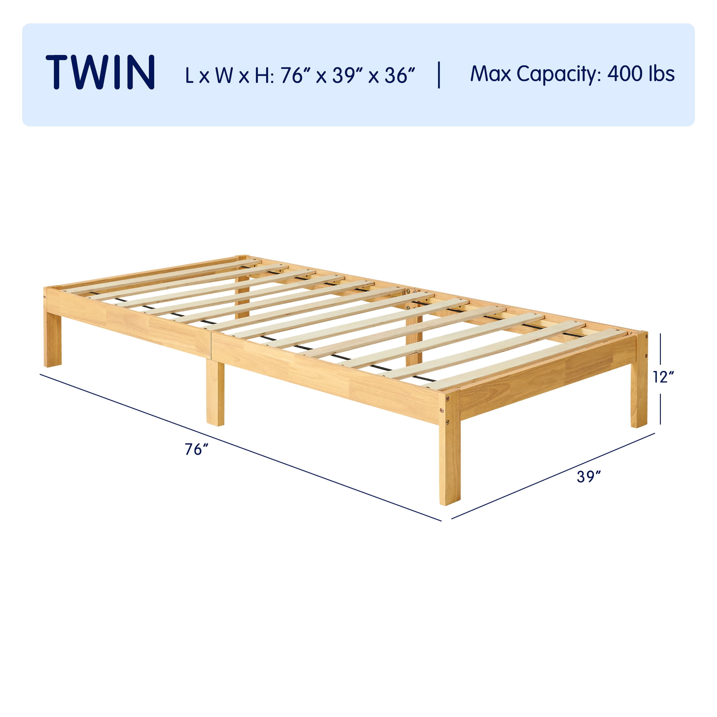 Subrtex 12" Solid Wood Platform Bed Frame with Wooden Slats, Natural Wood, Twin