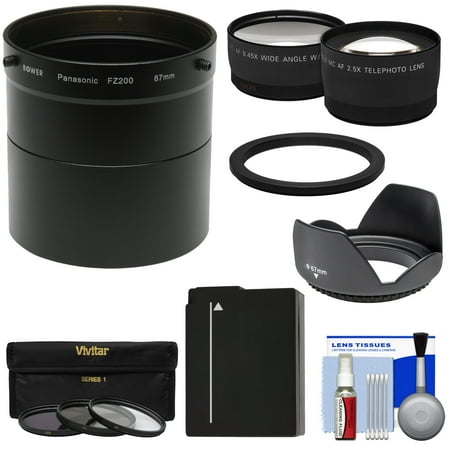 Panasonic Lumix DMC-FZ200 Digital Camera Essentials Bundle with Adapter Tube + 2.5x Tele & .45x Wide Lens + 3 Filters + DMW-BLC12 Battery + Hood Kit