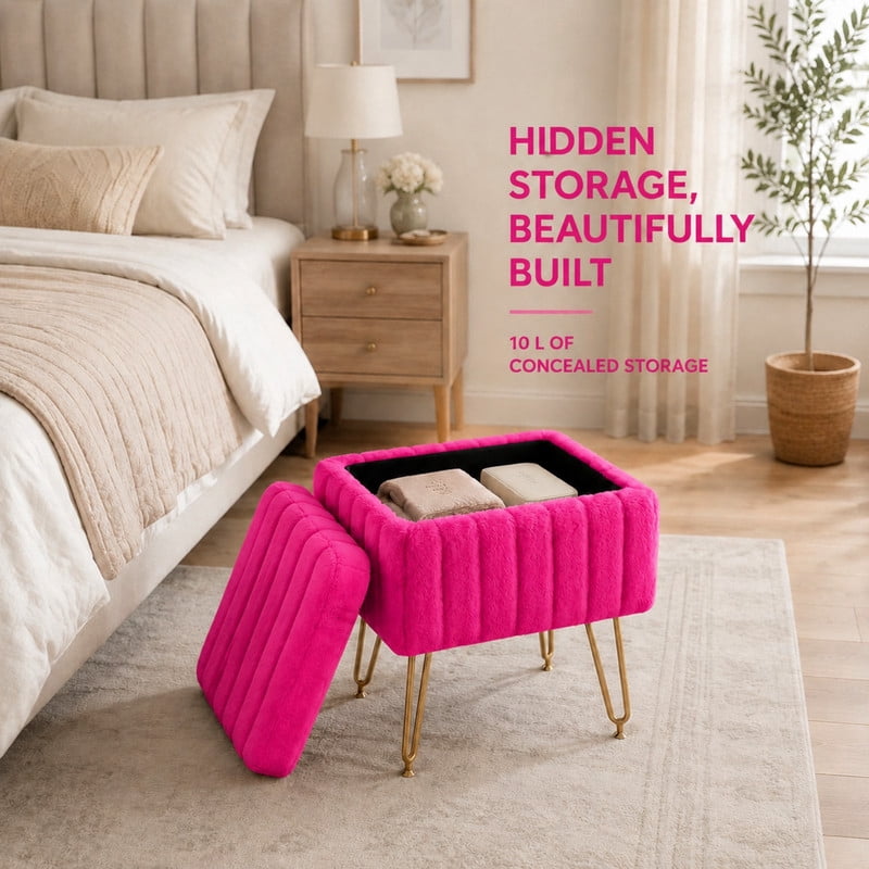BEAUTYPEAK Vanity Stool with Storage Faux Fur Padded Makeup Ottoman with Gold Metal Legs and Adjustable Feet 18.9" Footstool, Rose