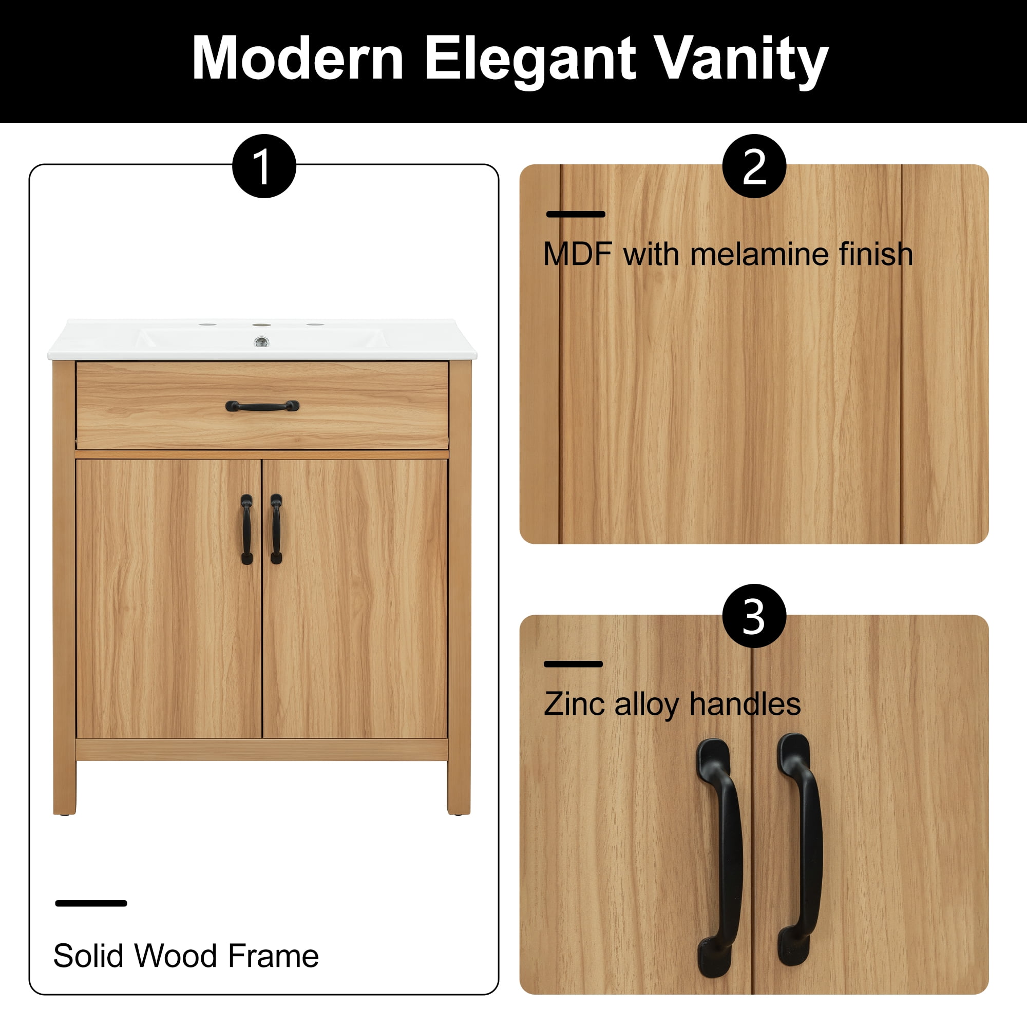 Euroco 30" Wood Bathroom Vanity with Solid Wood Frame, 2 Soft Close Doors,1 Flip Drawer, Adjustable Shelf, Modern Storage Cabinet