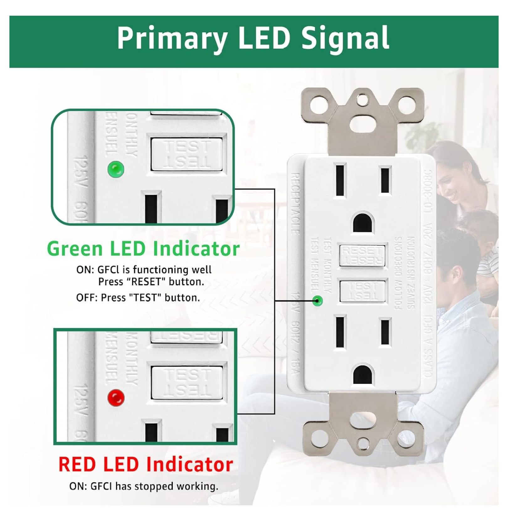 3 PACK 15A GFCI Outlet, Non-Tamper-Resistant GFI Duplex Receptacle with LED Indicator, Ground Fault Circuit Interrupter with Wall Plate Electrical Outlet Protecting , ETL UL Listed