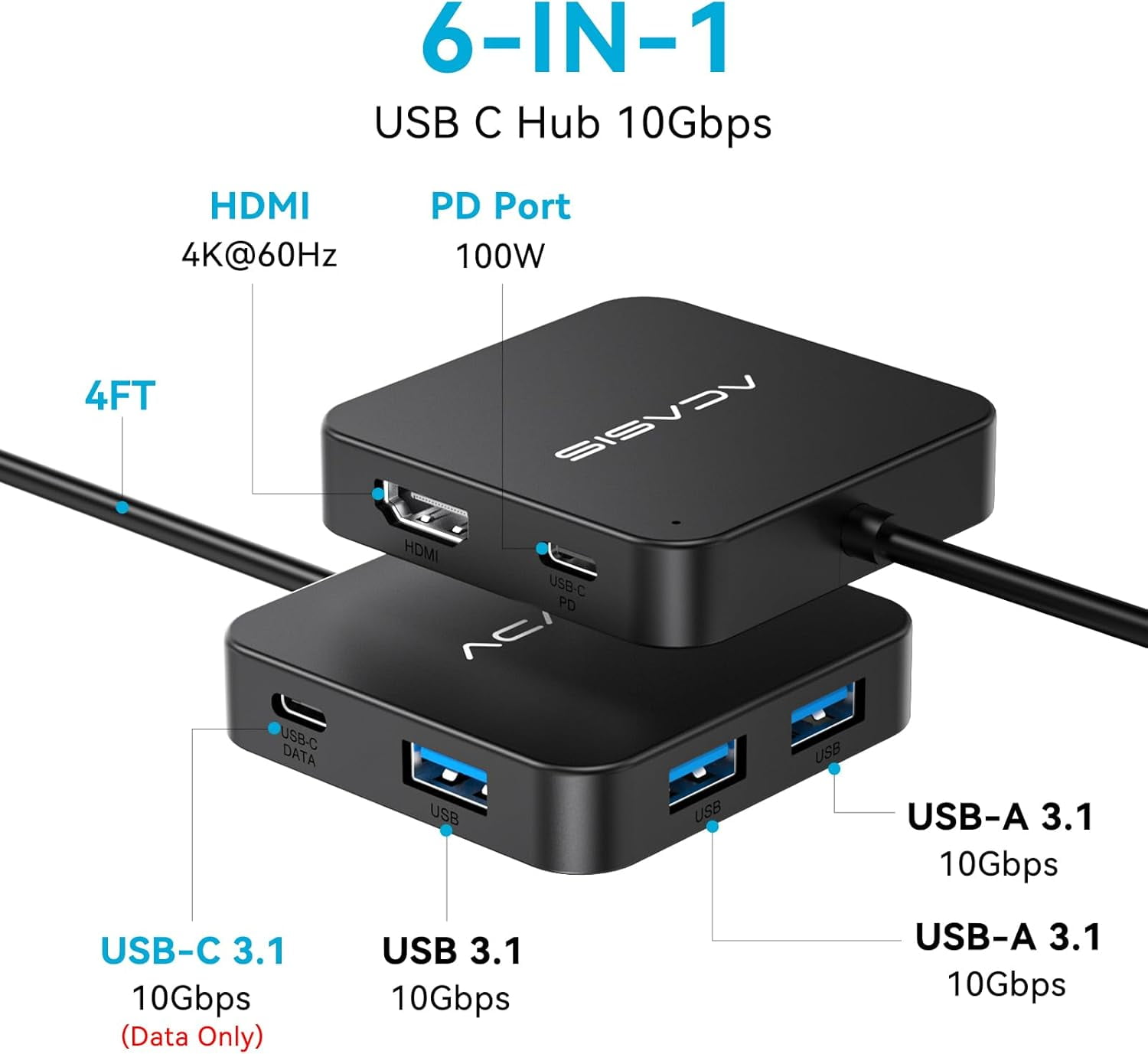 USB C Hub Long Cable 4FT 10Gbps, Multiport Adapter with 4K 60Hz HDMI, 100W Power Delivery, 3 A3.1+1 USB-C 3.1 Data Port, c to HDMI for MacBook, Dell, Lenovo, Surface, iPad PRO