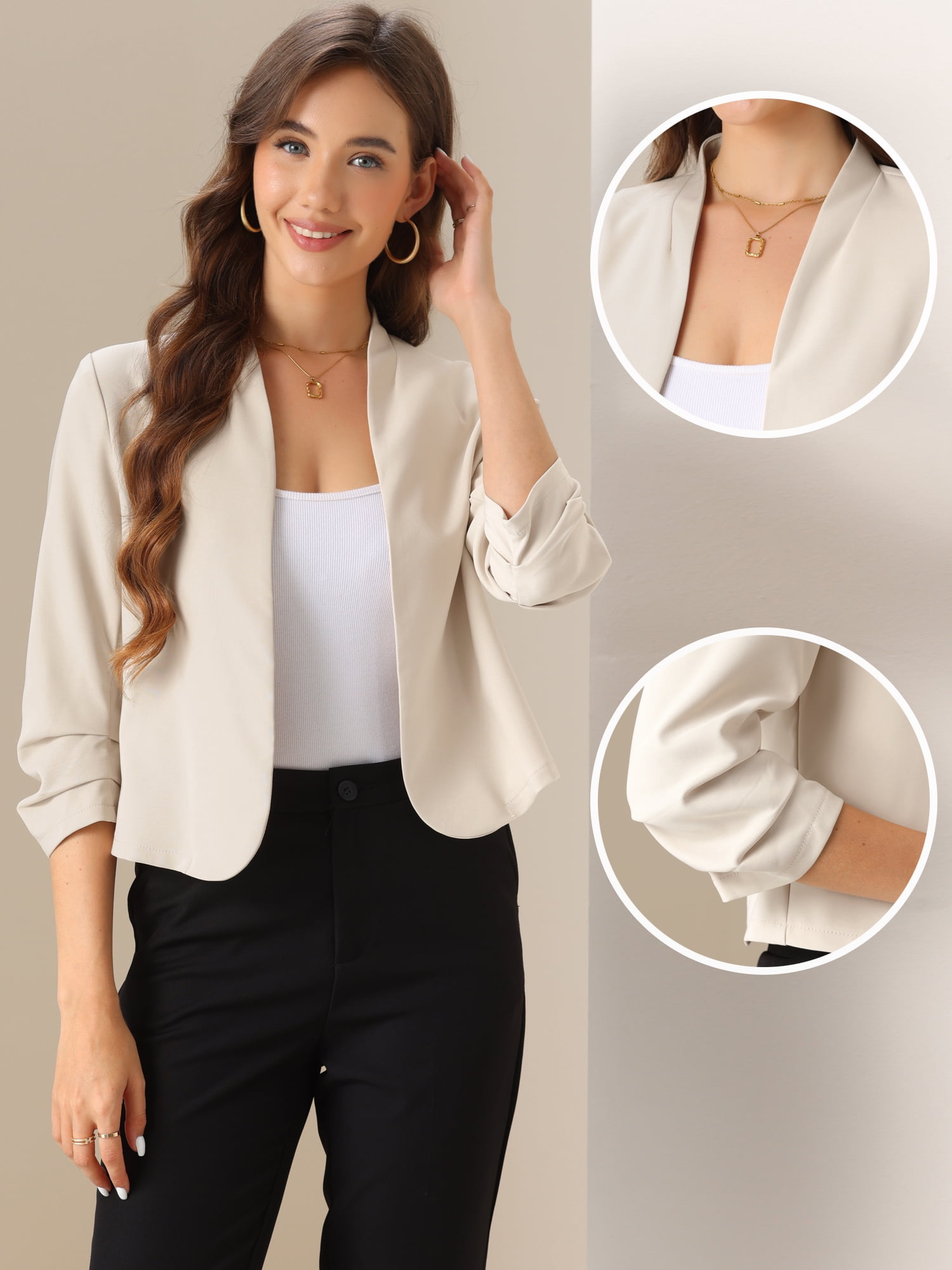 DARING DIVA Women's Open Front 3/4 Sleeve Business Blazer Jacket S Apricot