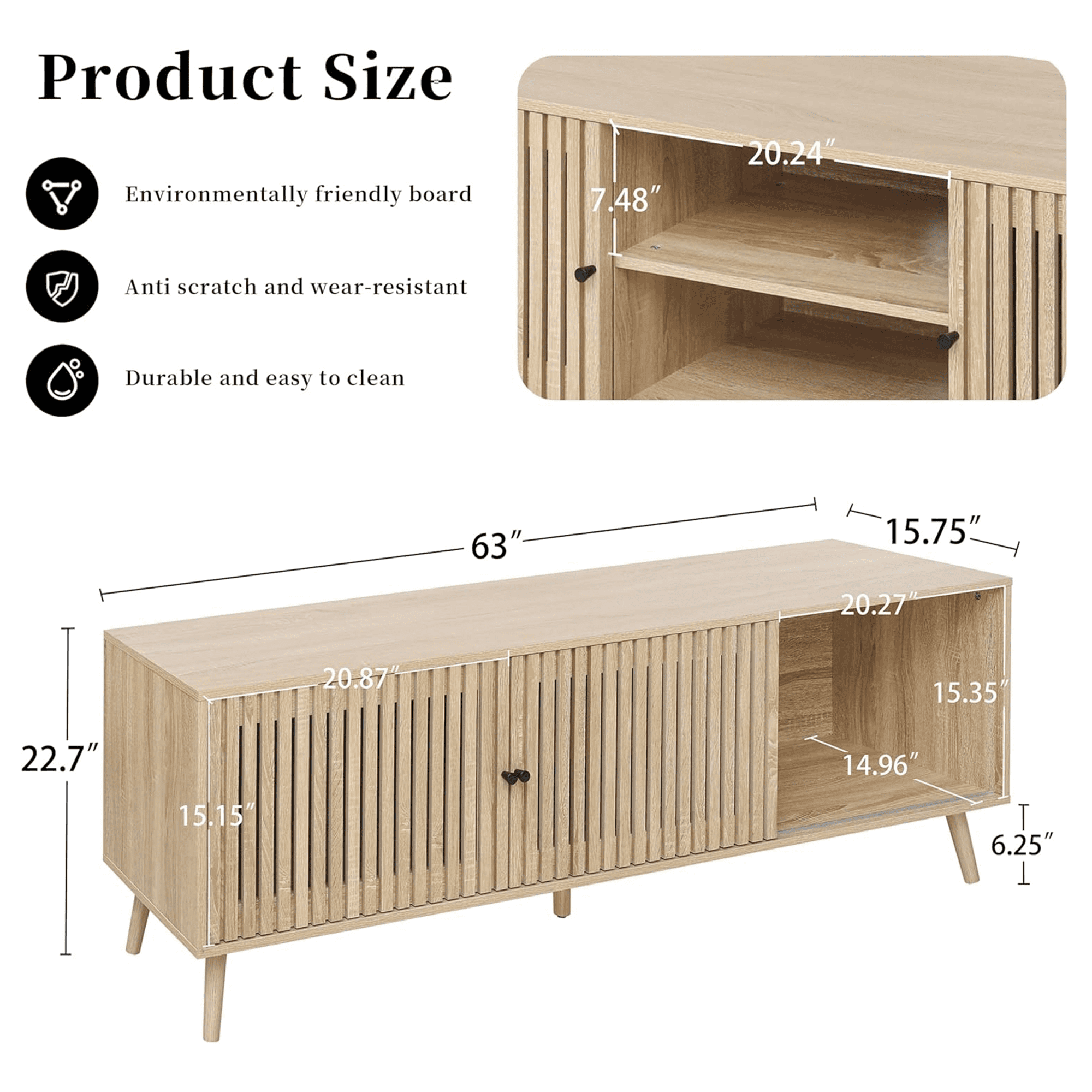 Oubayajia Mid-Century Modern 63" TV Stand for TVs up to 70”, Wood TV Console with Waveform Sliding Doors and Storage, Entertainment Center for Living Room Bedroom, Natural