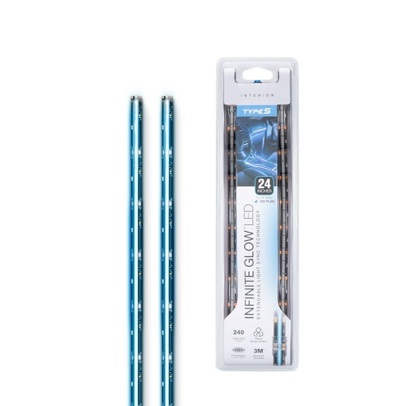 TYPE S - Infinite Glow Blue LED Ambient Lighting - Car LED Strip Lights, Light Sync Technology, 3M Adhesive, Trimmable, 12V, 2 x 12" Blue Strips, 24 inches