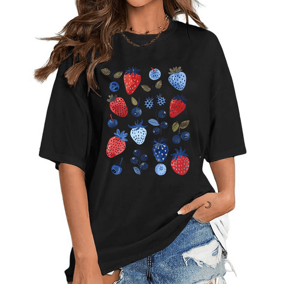 Cute Berry Print Tshirts Strawberry Summer Blueberry Graphic Tees Casual Short Sleeve Tops Botanical Garden Design Cotton Shirts for Daily Outfits Black,3XL
