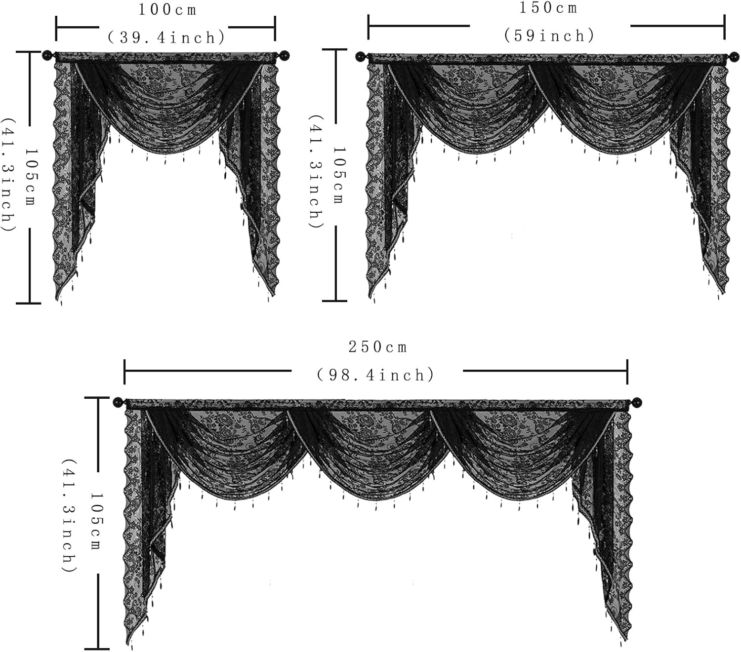 XmhyTop-A Black Window Valance 150x105cm, 1 Piece Bead Tassels Floral Semi Sheer Rod Pocket Valance Curtains, Decorative Lace Valance for Home